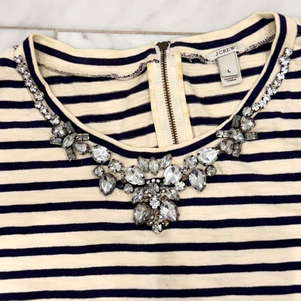 J.Crew Striped 3/4 sleeve tee Jewel embellished navy and cream
